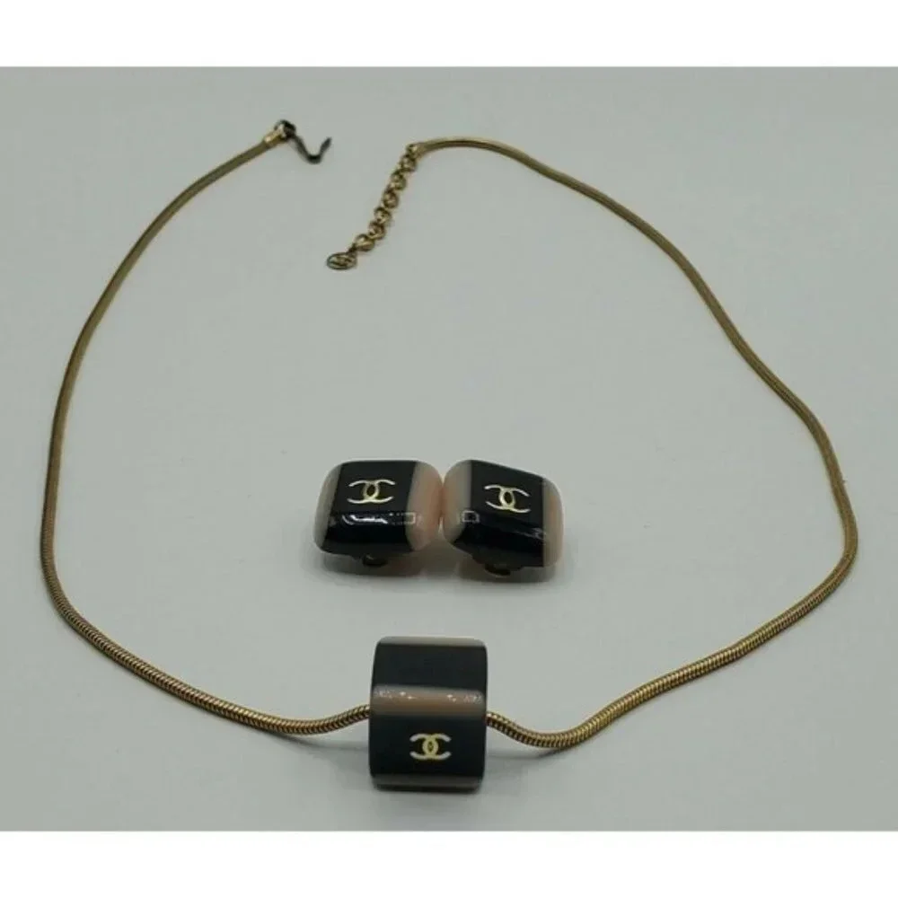 Vintage Authentic Chanel Logo Necklace &  Square Clip Earrings Set ~ Signature